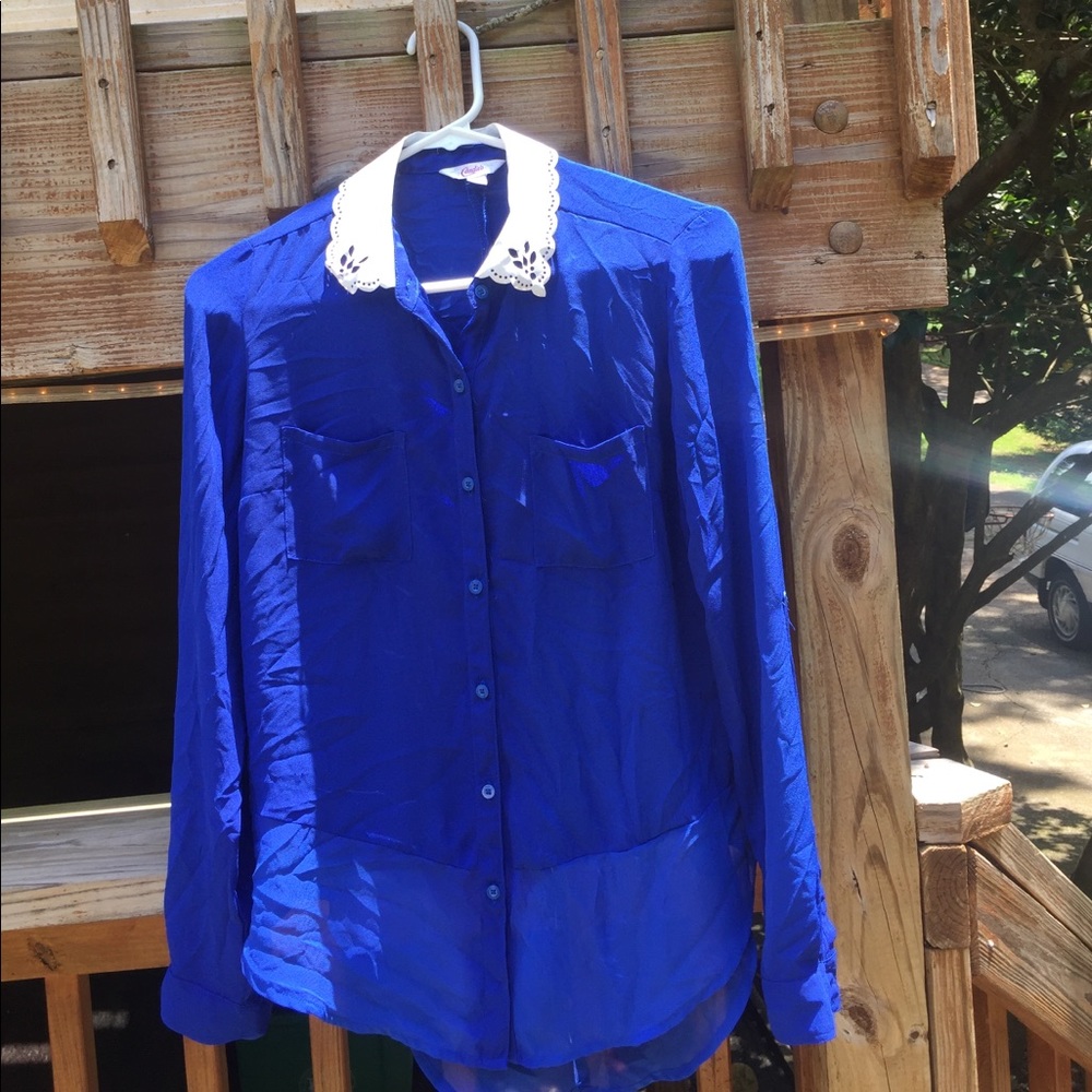 Royal Blue Button Down Top with White Faux Leather Collar and Sheer Bottom